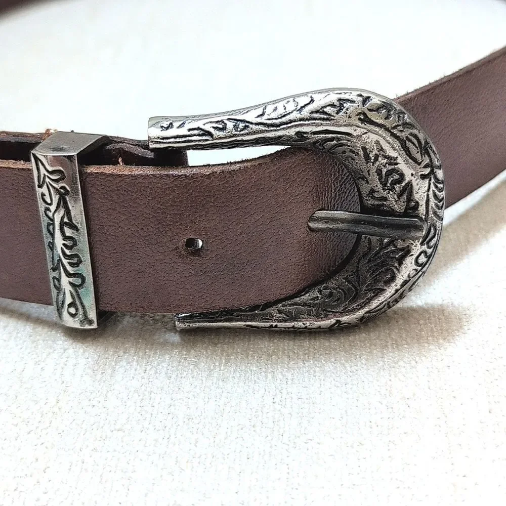 Brown Leather Belt with Cabachon Stone Medallions & Silver Scroll Work Buckle